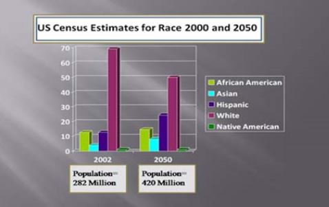 2002 - African American: 10% Asian: 5% White: 70% Hispanic: 10% Native American: 1%

2050 - African American: 15% Asian: 8% White: 50% Hispanic: 22% Native American: 1%